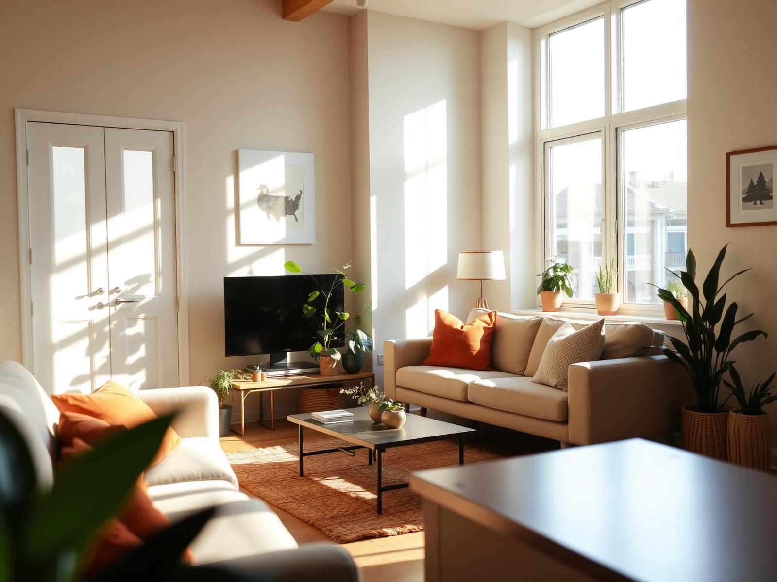 Warm, sunlit shared living room at Renew Horizon Living